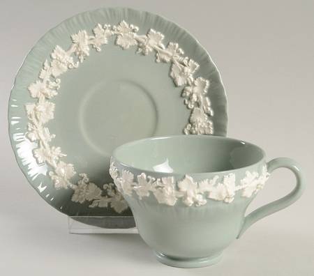 Cream Color on Celadon (Shell Edge) Footed Cup & Saucer Set