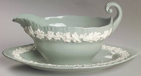Cream Color on Celadon (Shell Edge) Gravy Boat with Attached Underplate