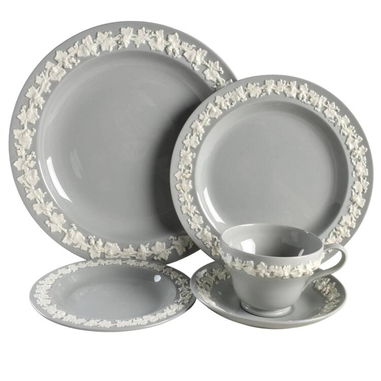 Cream Color on Grey (Plain) 5 Piece Place Setting