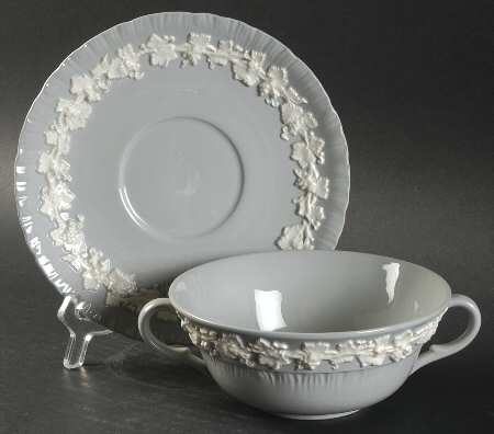 Cream Color on Grey (Shell Edge) Flat Cream Soup Bowl & Saucer Set