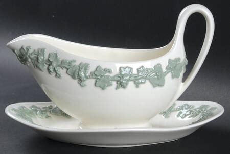 Celadon On Cream Color (Plain Edge) Gravy Boat with Attached Underplate