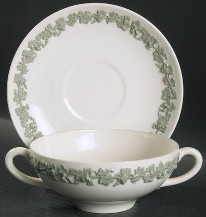 Celadon On Cream Color (Plain Edge) Flat Cream Soup Bowl & Saucer Set