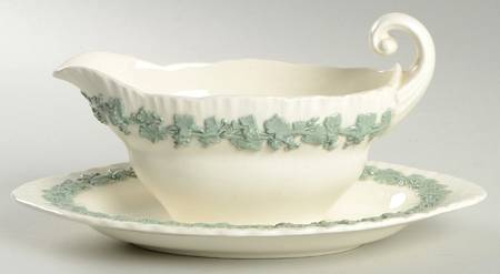 Celadon On Cream Color (Shelledge) Gravy Boat with Attached Underplate
