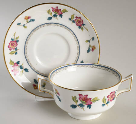 Chinese Flowers Footed Cream Soup Bowl & Saucer Set