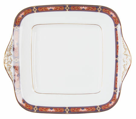 Chippendale Blue and Rust Square Handled Cake Plate