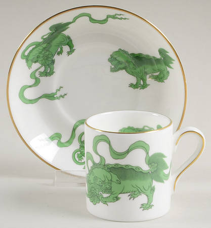 Chinese Tigers Green Can Shape Demitasse Cup and Saucer Set