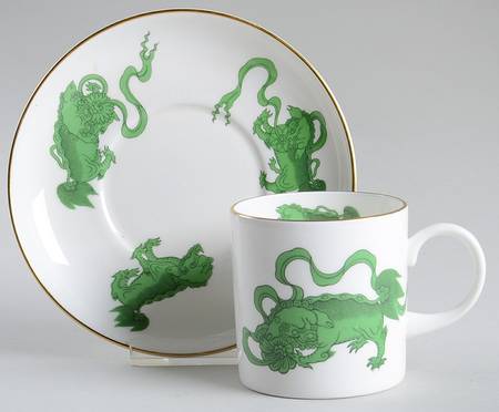 Chinese Tigers Green Flat Demitasse Cup & Saucer Set