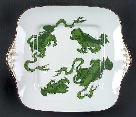 Chinese Tigers Green Square Handled Cake Plate