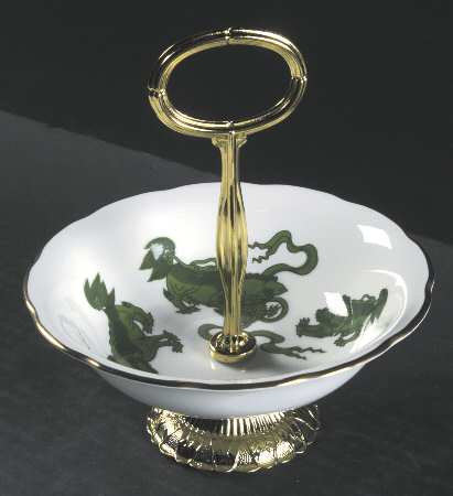 Chinese Tigers Green 6"-7" Handled Footed Nut Dish HC