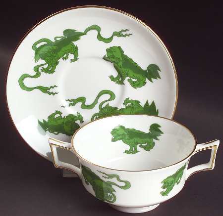 Chinese Tigers Green Footed Cream Soup Bowl & Saucer Set by Wedgwood