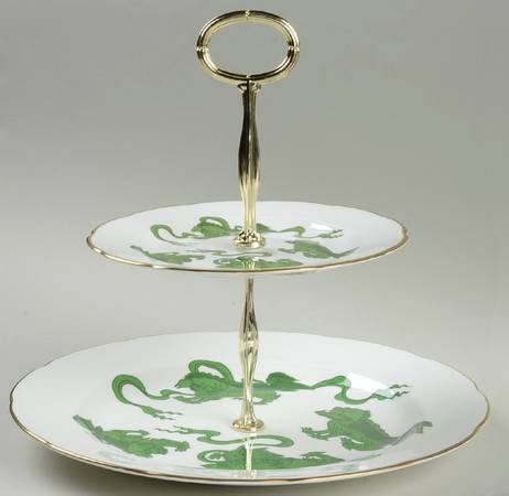 Chinese Tigers Green 6 5/8"-10"  2 Tiered Serving Tray (Dp, Sp) HC