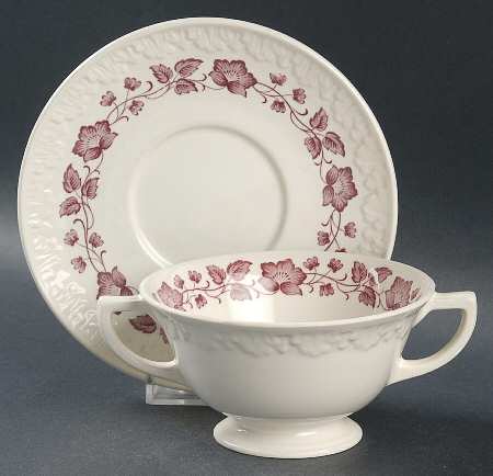 Clematis Mulberry (Corinthian) Footed Cream Soup Bowl & Saucer Set