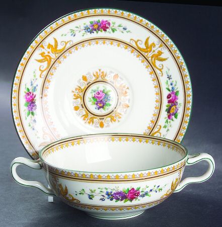 Columbia White (Yellow Border Accent) Flat Cream Soup Bowl & Saucer Set