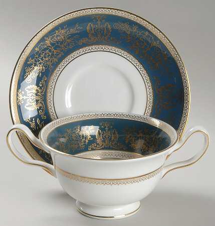 Columbia Blue & Gold Footed Cream Soup Bowl & Saucer Set