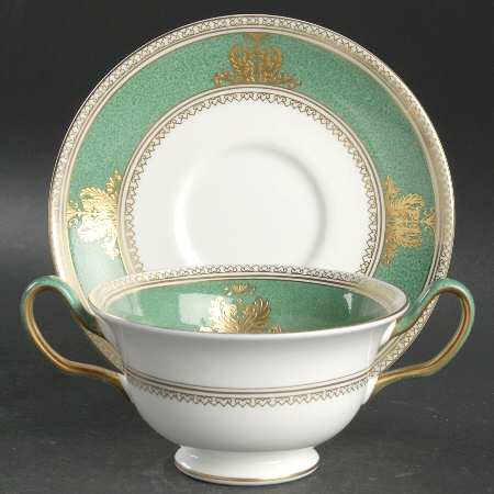 Columbia Powder Green Rim and Center Footed Cream Soup Bowl & Saucer Set by Wedgwood