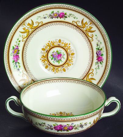 Columbia Ivory Body (Yellow Griffons) Flat Cream Soup Bowl & Saucer Set