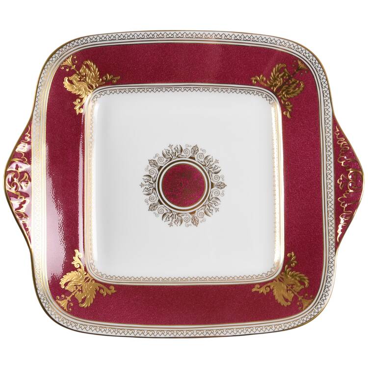 Columbia Powder Ruby (Rim and Center) Square Handled Cake Plate