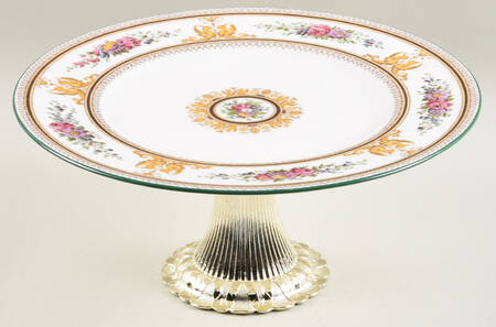 Columbia White (Center Medallion, Green Trim) Cake Stand with 4"-5" Metal Pedestal  Hc