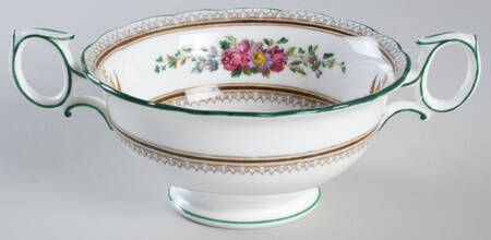 Columbia White (Center Medallion, Green Trim) Footed Cream Soup Bowl