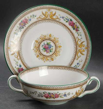 Columbia White (Center Medallion, Green Trim) Flat Cream Soup Bowl & Saucer Set