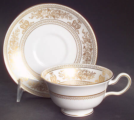 Columbia Gold (Gold Flowers, White Body) Peony Shape Footed Cup & Saucer Set