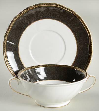 Crown Ebony Footed Cream Soup Bowl & Saucer Set