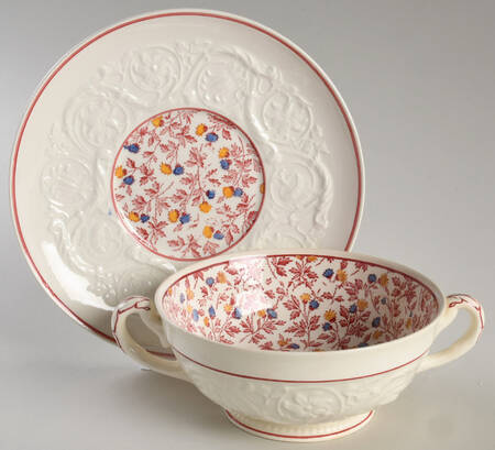 Crimson Pompadour Footed Cream Soup Bowl & Saucer Set