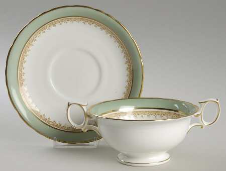 Eccles Bead Celadon Footed Cream Soup Bowl & Saucer Set