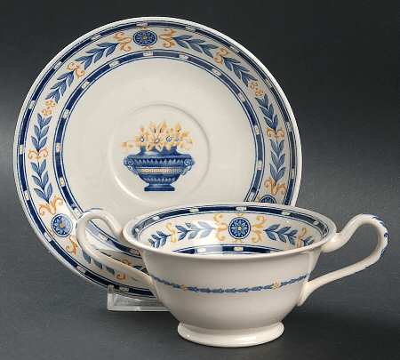 The Etruria (Blue Laurel) Footed Bouillon Cup & Saucer