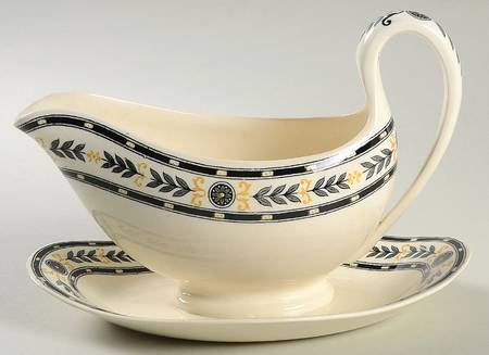 The Etruria (Black Laurel) Gravy Boat with Attached Underplate