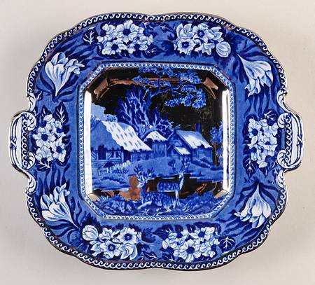 Fallow Deer Blue (Platinum Trim) Square Handled Cake Plate