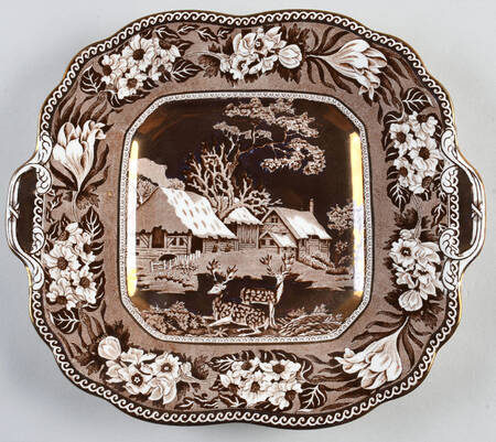 Fallow Deer Brown (Gold Trim) Handled Cake Plate