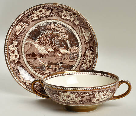 Fallow Deer Brown (Gold Trim) Flat Cream Soup Bowl & Saucer Set