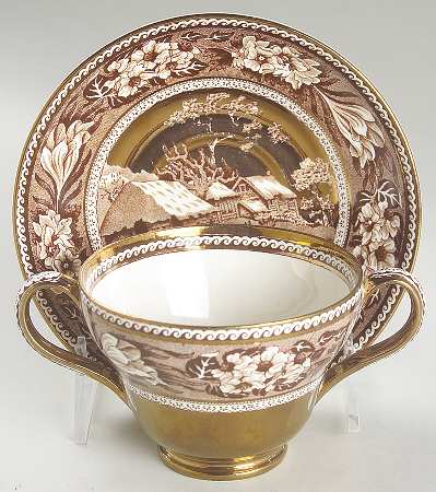 Fallow Deer Brown (Gold Trim) Footed Bouillon Cup & Saucer