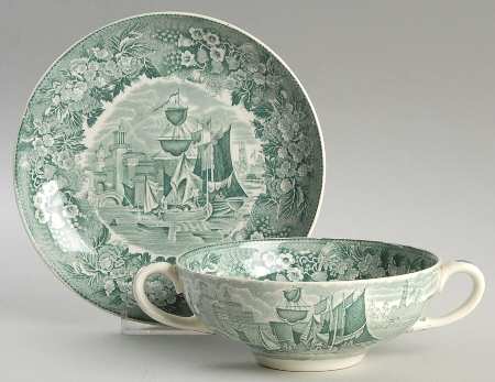 Ferrara Green (No Trim) Flat Cream Soup Bowl & Saucer Set