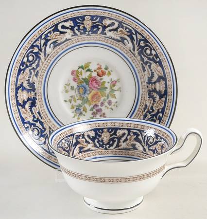 Florentine Dark Blue Rim (Floral Center) Peony Shape Footed Cup & Saucer Set