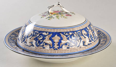 Florentine Dark Blue Rim (Floral Center) Muffin Dish & Lid