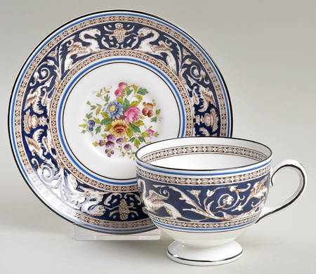 Florentine Dark Blue Rim (Floral Center) Leigh Shape Footed Cup & Saucer Set