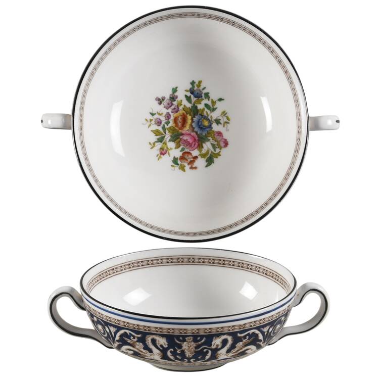 Florentine Dark Blue Rim (Floral Center) Flat Cream Soup Bowl