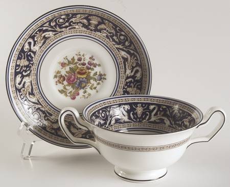 Florentine Dark Blue Rim (Floral Center) Footed Bouillon Cup & Saucer