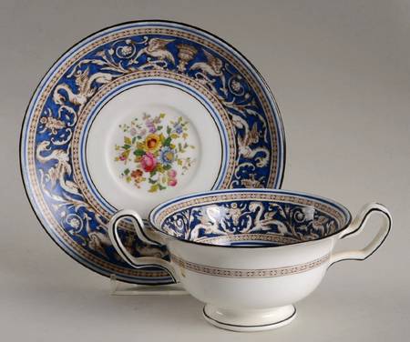 Florentine Dark Blue Rim (Floral Center) Footed Cream Soup Bowl & Saucer Set