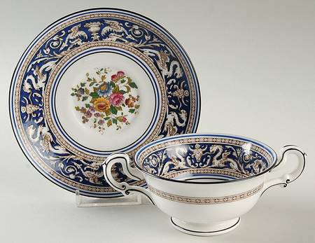 Florentine Dark Blue Rim (Floral Center) Footed Bouillon Cup & Saucer