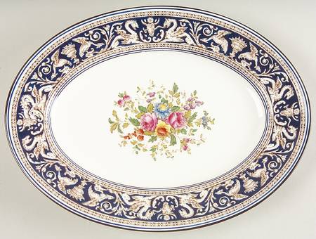 Florentine Dark Blue Rim (Floral Center) 11" Oval Serving Platter