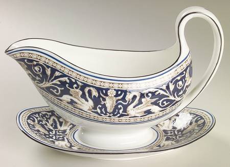 Florentine Dark Blue Rim (Floral Center) Gravy Boat with Attached Underplate