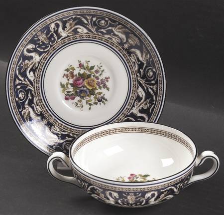 Florentine Dark Blue Rim (Floral Center) Flat Cream Soup & Saucer Set