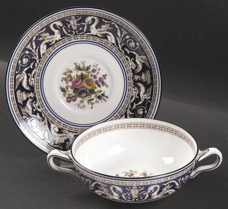 Florentine Dark Blue Rim (Floral Center) Flat Cream Soup Bowl & Saucer Set