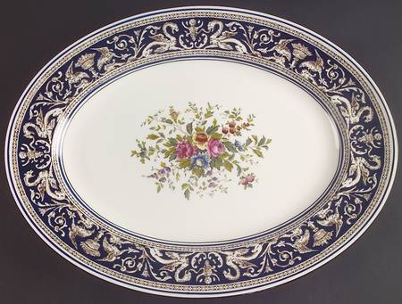 Florentine Dark Blue Rim (Floral Center) 15" Oval Serving Platter