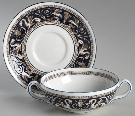 Florentine Dark Blue Rim (No Center Design) Flat Cream Soup Bowl & Saucer Set