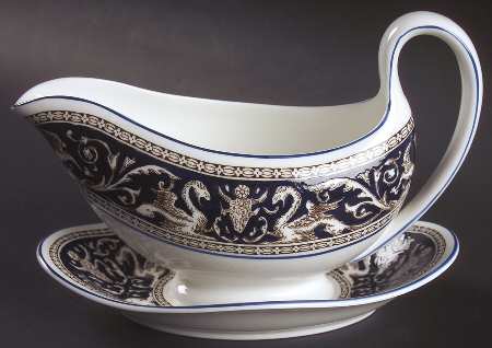 Florentine Dark Blue Rim (No Center Design) Gravy Boat with Attached Underplate