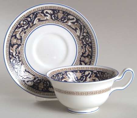 Florentine Dark Blue Rim (No Center Design) Peony Shape Footed Cup & Saucer Set